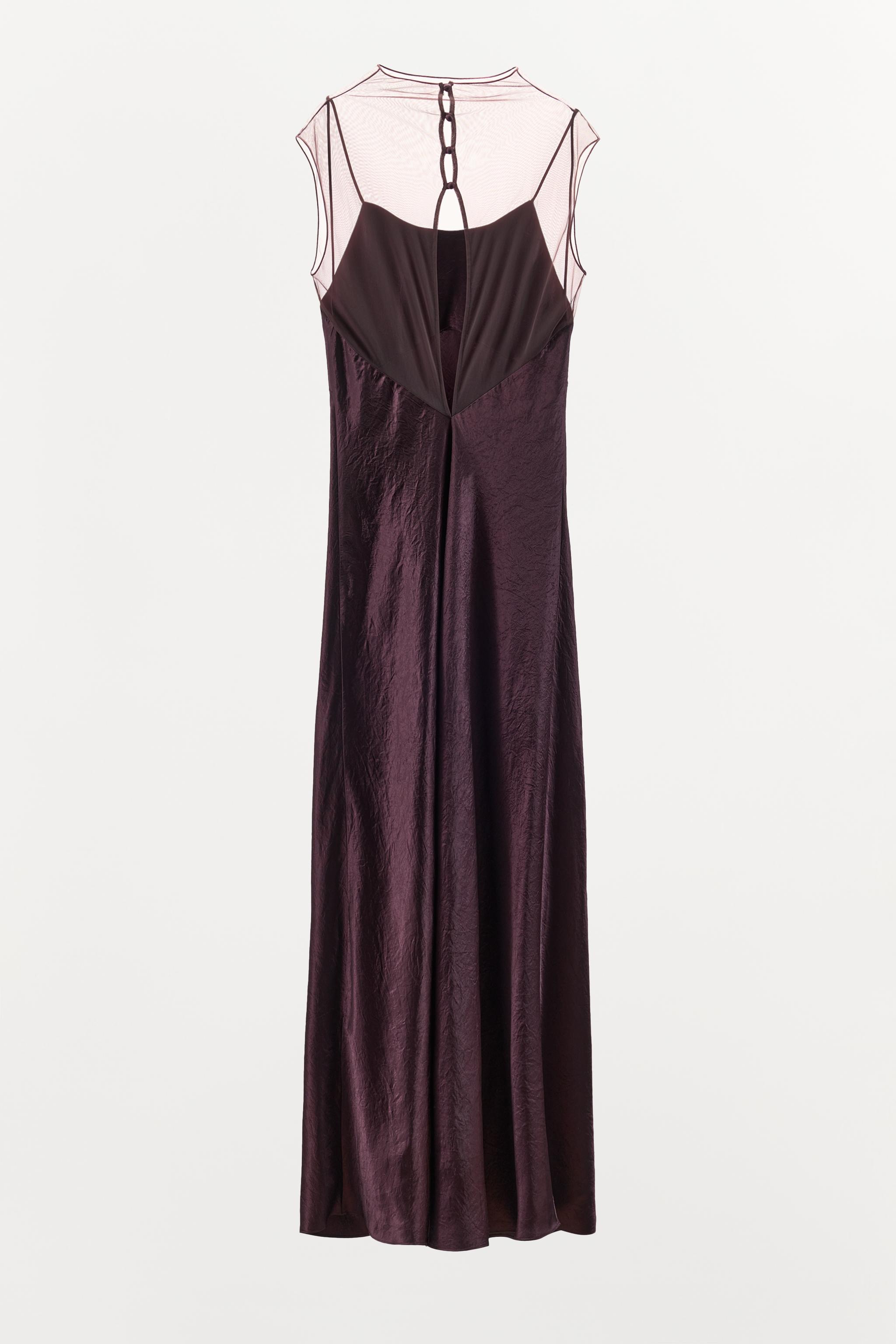 LONG SATIN EFFECT MESH DRESS